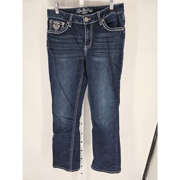 Love Indigo Womens Sz 10 Slim Boot Cut Blue Jeans Dark Wash Embellished Pocket - Picture 1 of 5